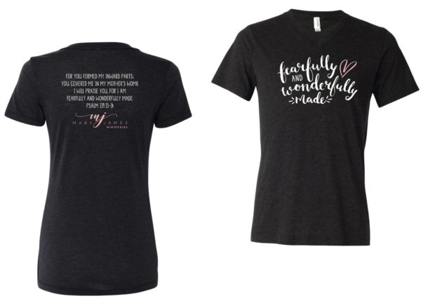 FEARFULLY AND WONDERFULLY MADE Women's V-Neck Tee (Charcoal)