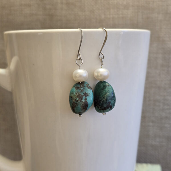 PURIFY MY HEART Chunky Turquoise, Pearl, and Silver Earrings