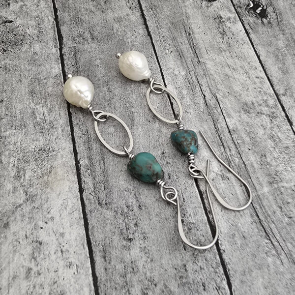 PURIFY MY HEART  Long Silver Earrings with Turquoise and Pearl
